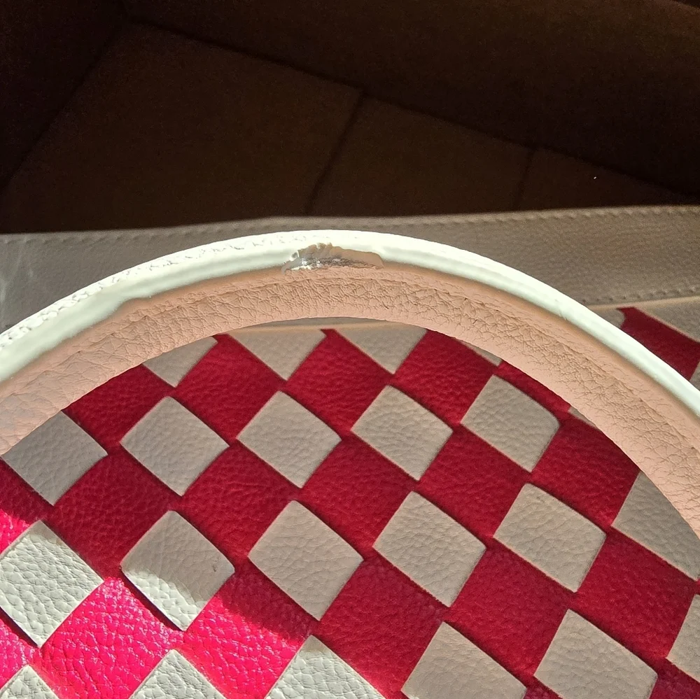 Betsey Johnson White Satchel with Pink Woven Panel & Bow